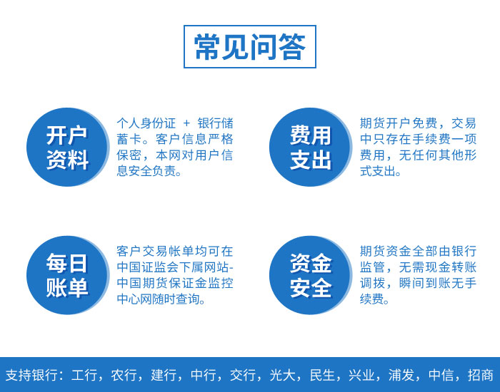 開戶常見問答,各大合作期貨公司已和證監會簽訂協議,客戶全部資金交易帳單均可在證監會下屬網站 -- 中國期貨保證金監控中心網站上查知,資金絕對安全,可靠無憂。